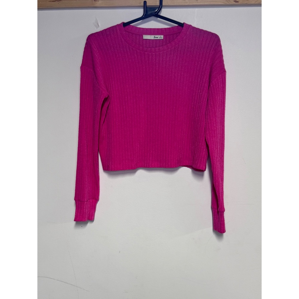 Wilfred Free Aritzia Hot Pink Ribbed Knit Cropped Long Sleeve Top XS Crew Neck